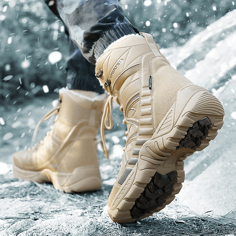 Person walking in snow wearing waterproof leather military snow boots with plush inside, showing robust anti-slip sole.